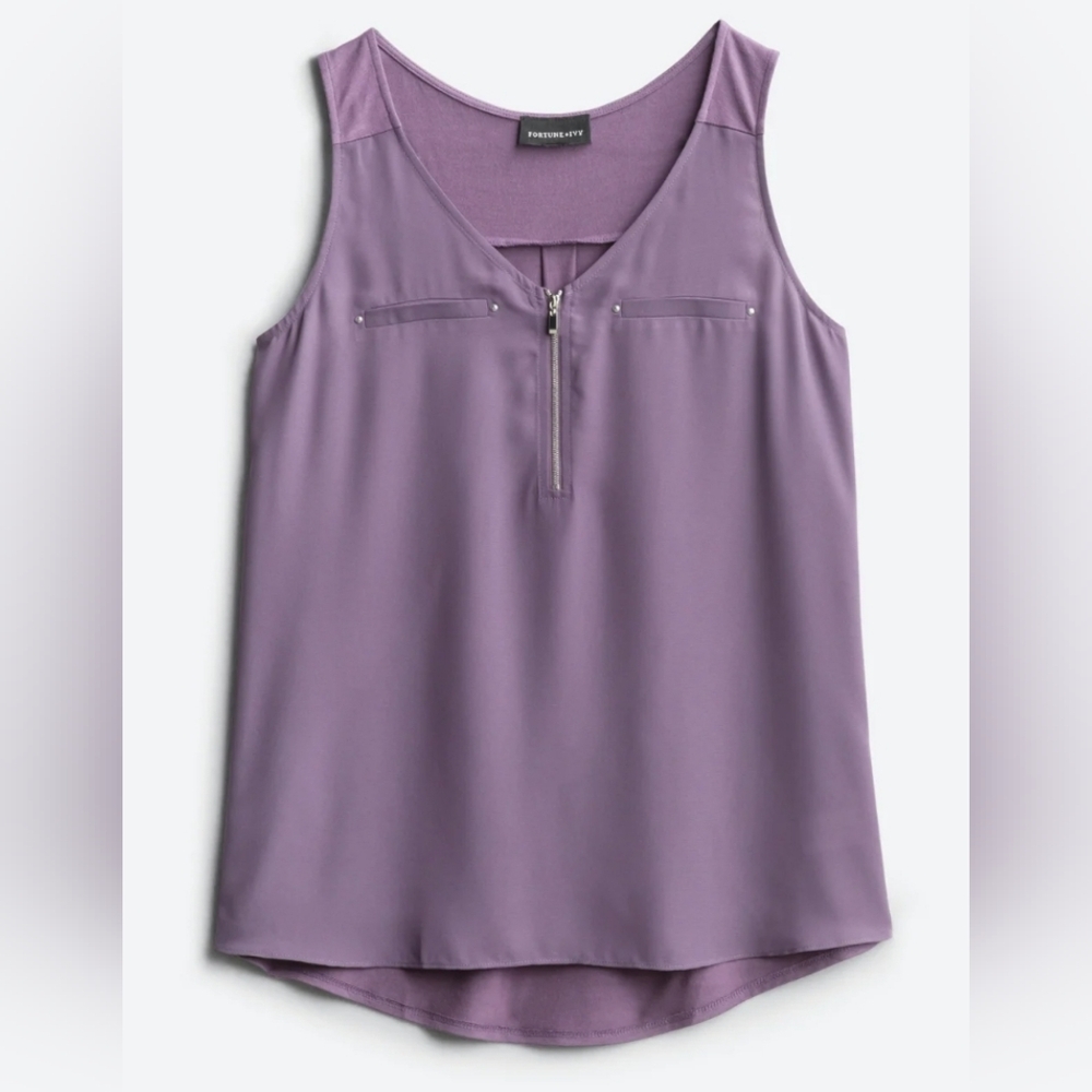Purple FORTUNE + IVY Lighton Zip Detail Mixed Material Blouse size XL